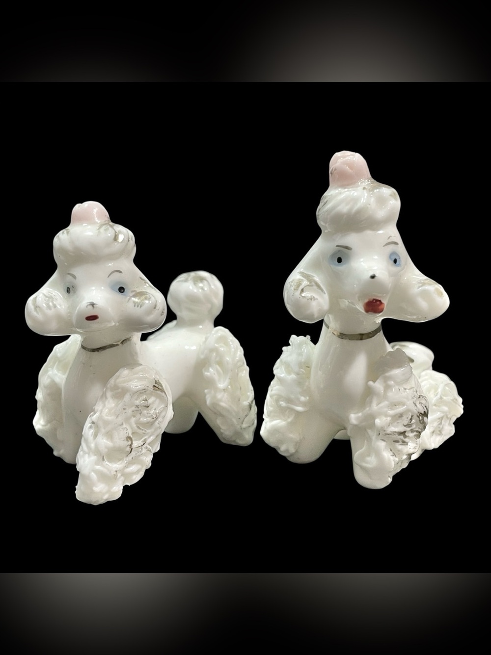 Vintage 1950s Spaghetti Poodle Dog Kitschy Porcelain Figurines (2) Mid Century